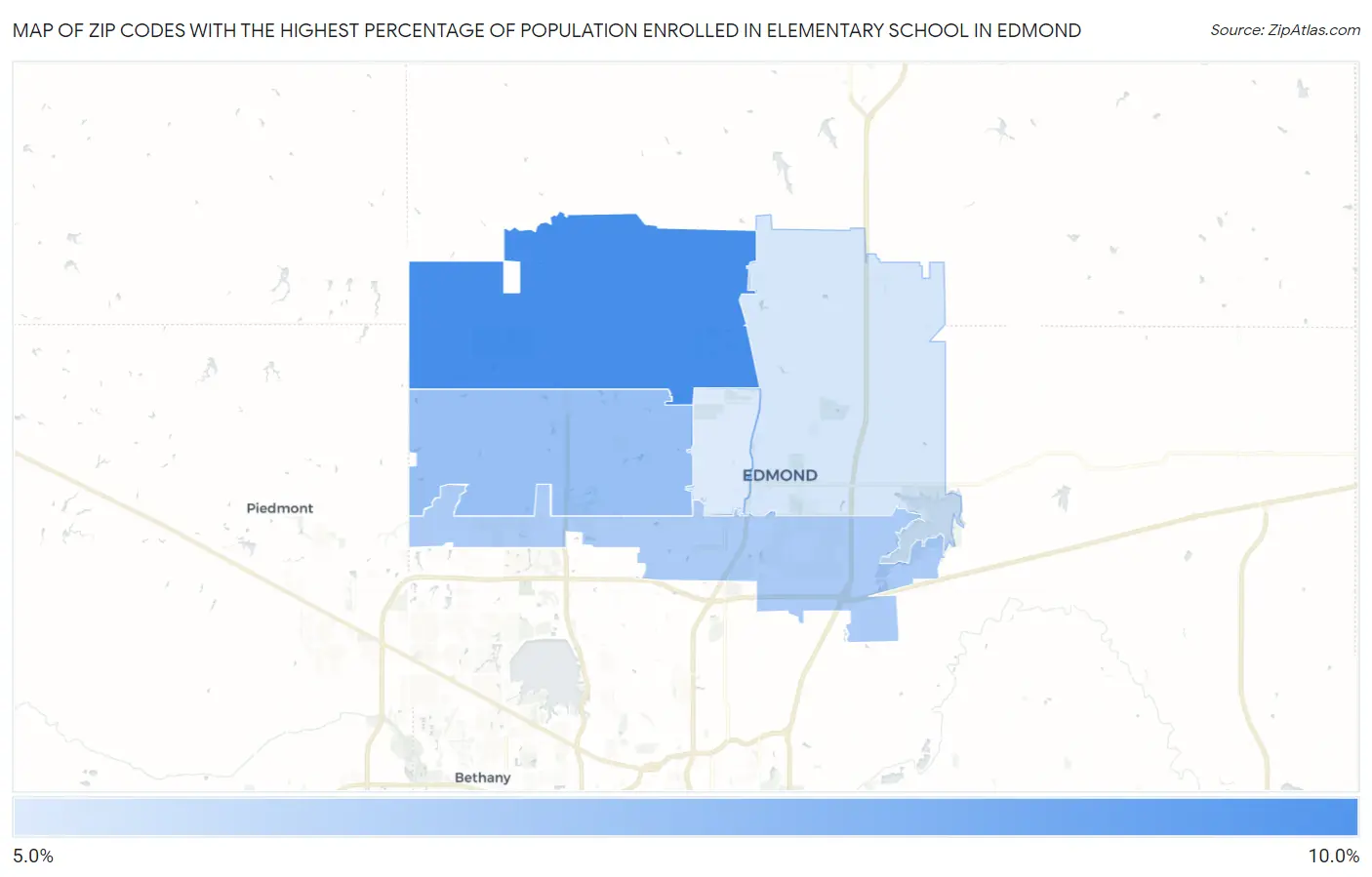 Zip Codes with the Highest Percentage of Population Enrolled in Elementary School in Edmond Map