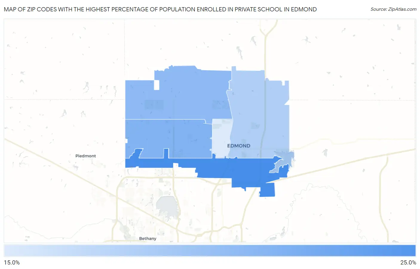 Zip Codes with the Highest Percentage of Population Enrolled in Private School in Edmond Map