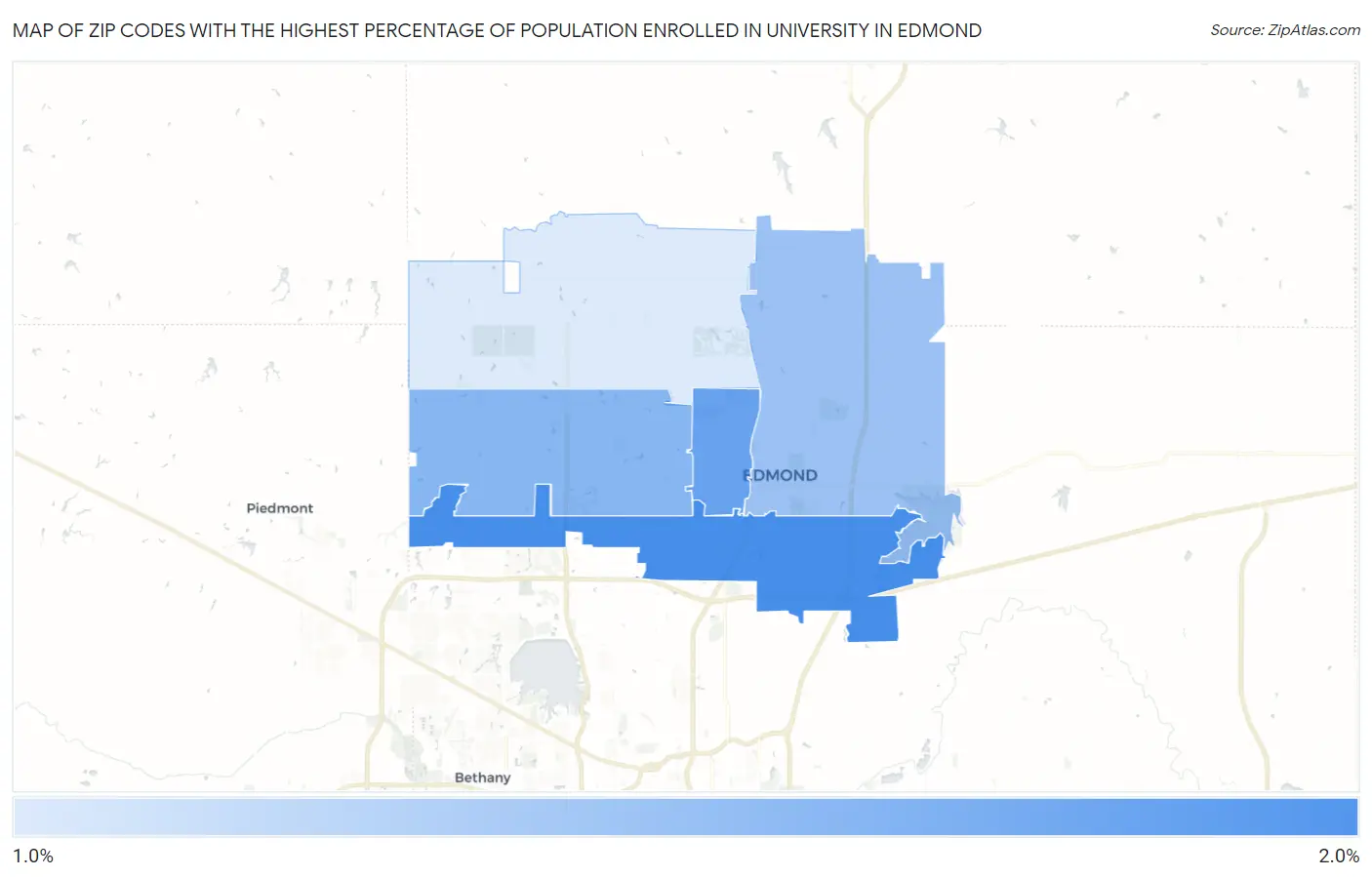 Zip Codes with the Highest Percentage of Population Enrolled in University in Edmond Map