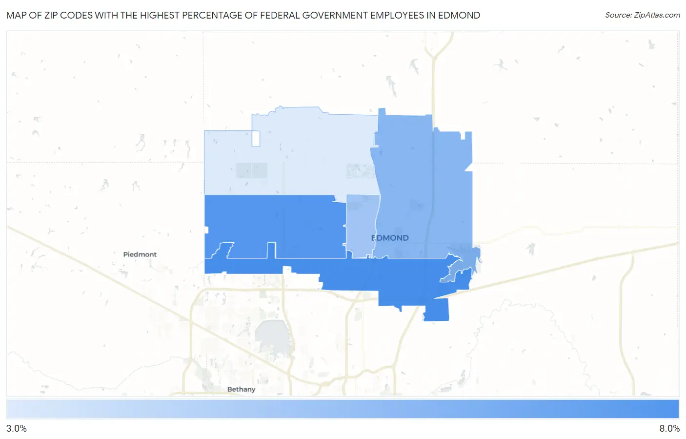Zip Codes with the Highest Percentage of Federal Government Employees in Edmond Map