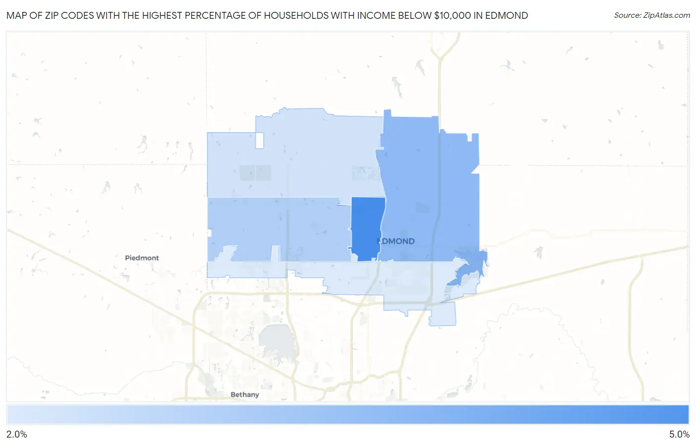 Zip Codes with the Highest Percentage of Households with Income Below $10,000 in Edmond Map