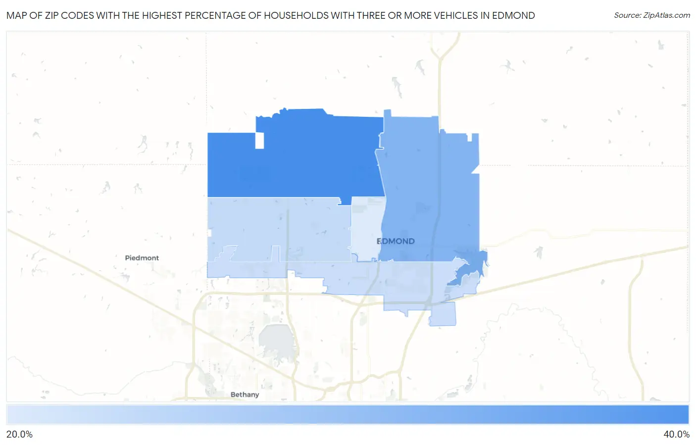 Zip Codes with the Highest Percentage of Households With Three or more Vehicles in Edmond Map