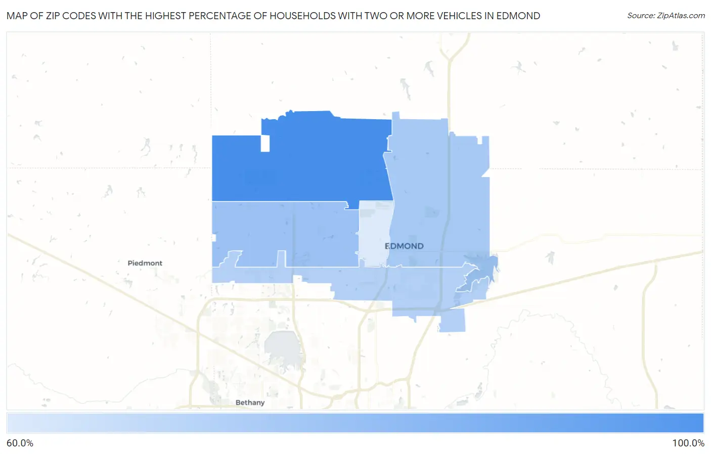 Zip Codes with the Highest Percentage of Households With Two or more Vehicles in Edmond Map