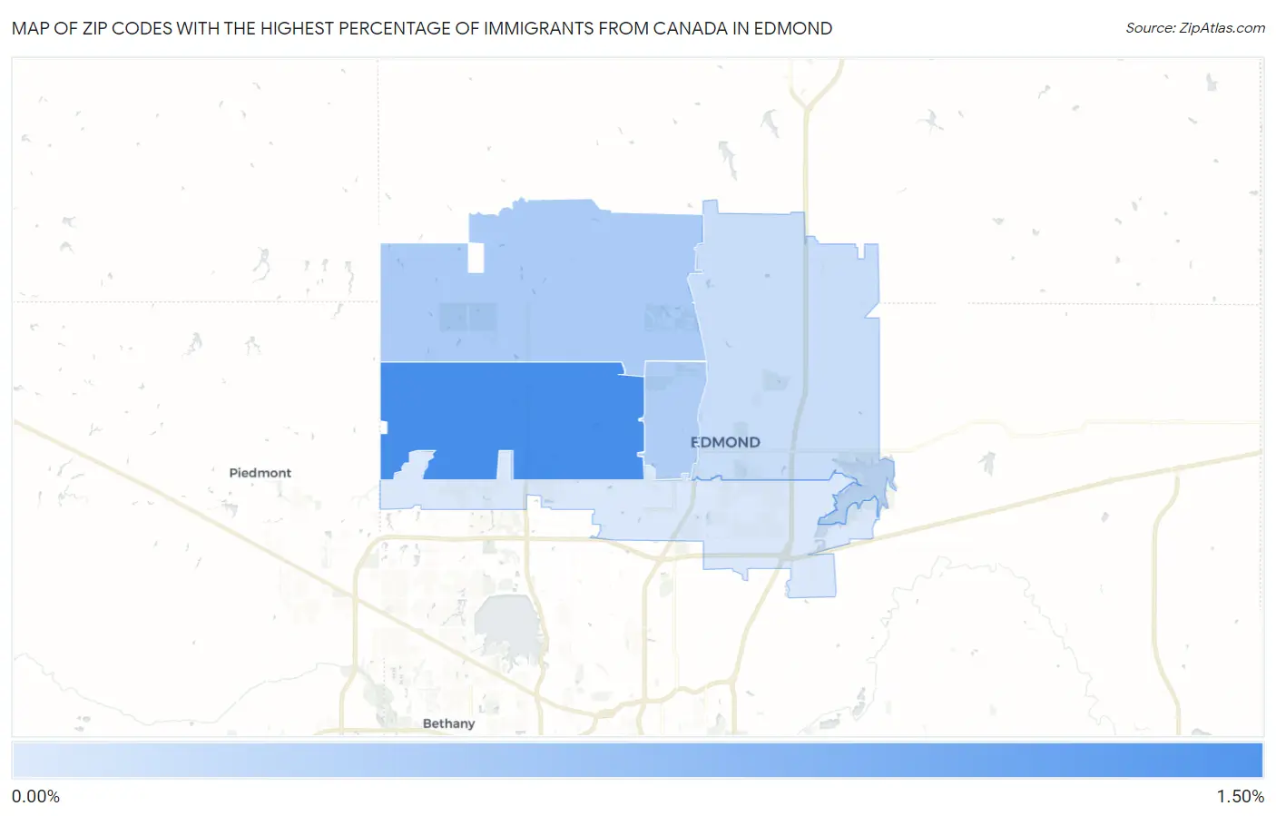 Zip Codes with the Highest Percentage of Immigrants from Canada in Edmond Map