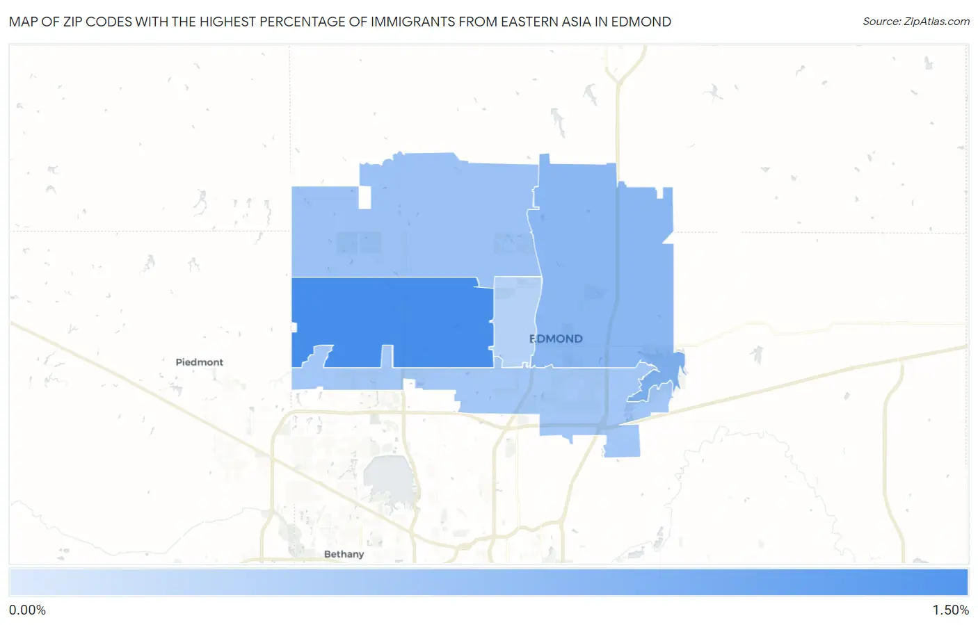 Zip Codes with the Highest Percentage of Immigrants from Eastern Asia in Edmond Map