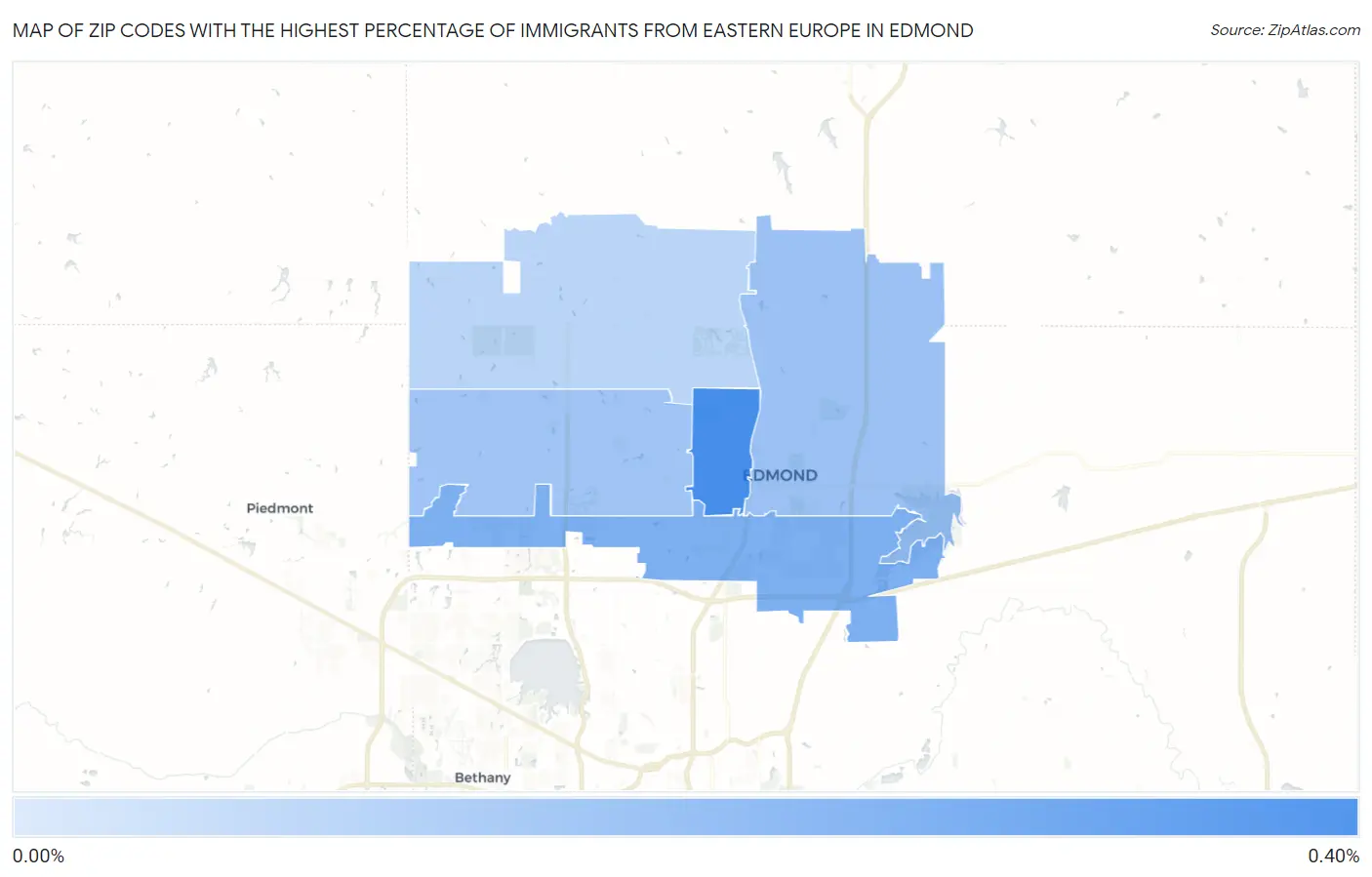 Zip Codes with the Highest Percentage of Immigrants from Eastern Europe in Edmond Map