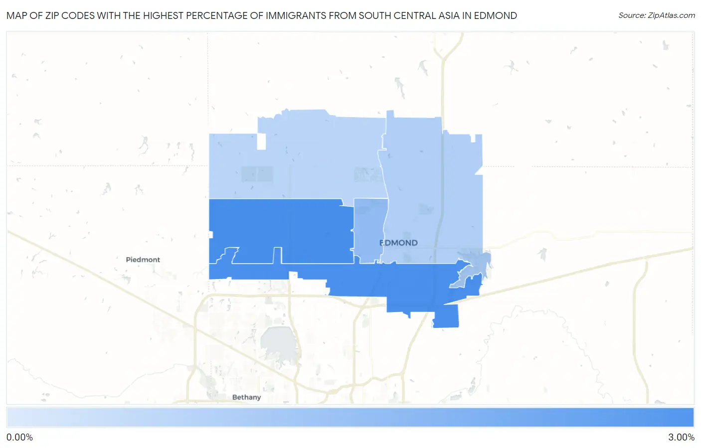 Zip Codes with the Highest Percentage of Immigrants from South Central Asia in Edmond Map