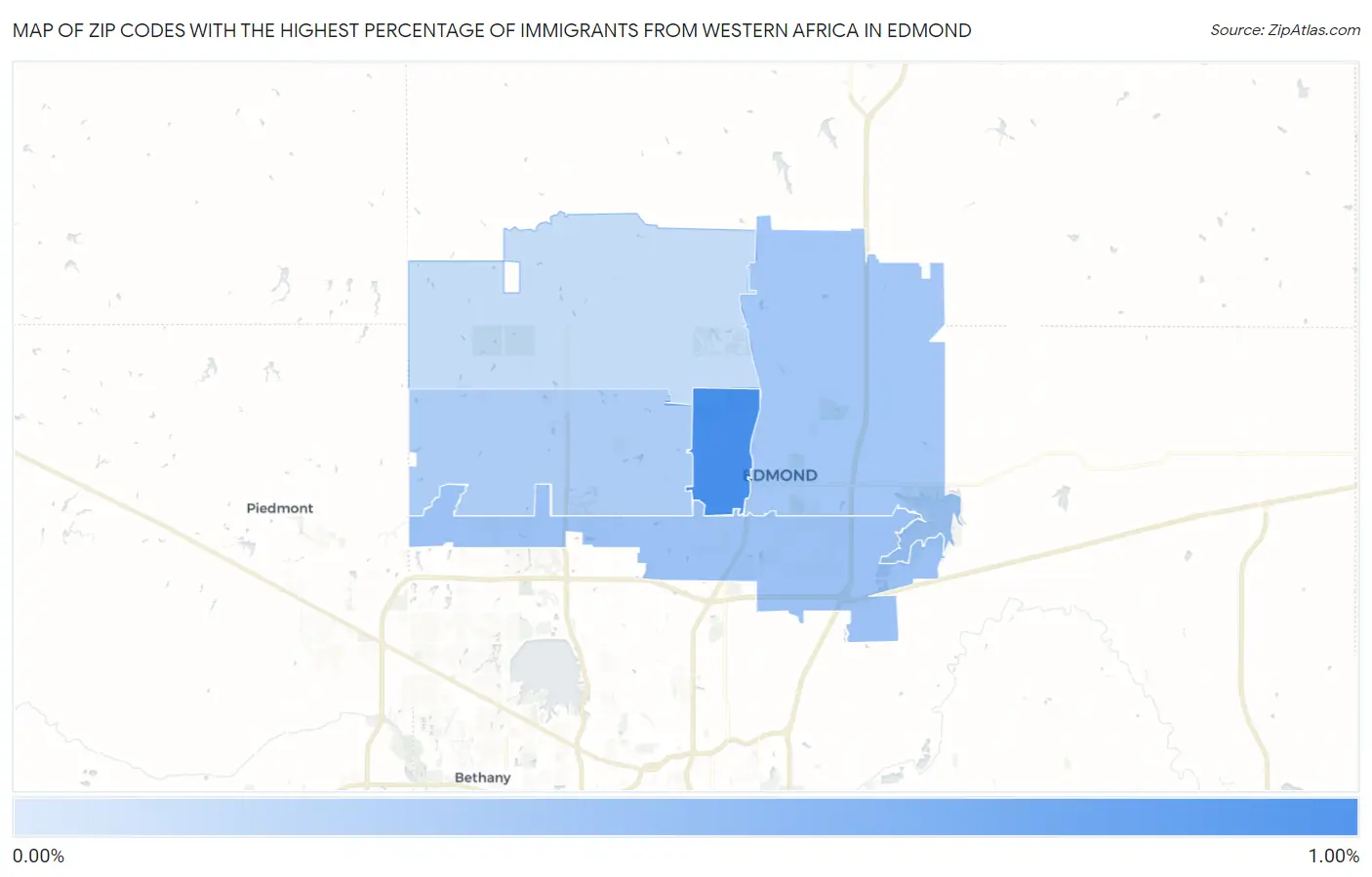 Zip Codes with the Highest Percentage of Immigrants from Western Africa in Edmond Map
