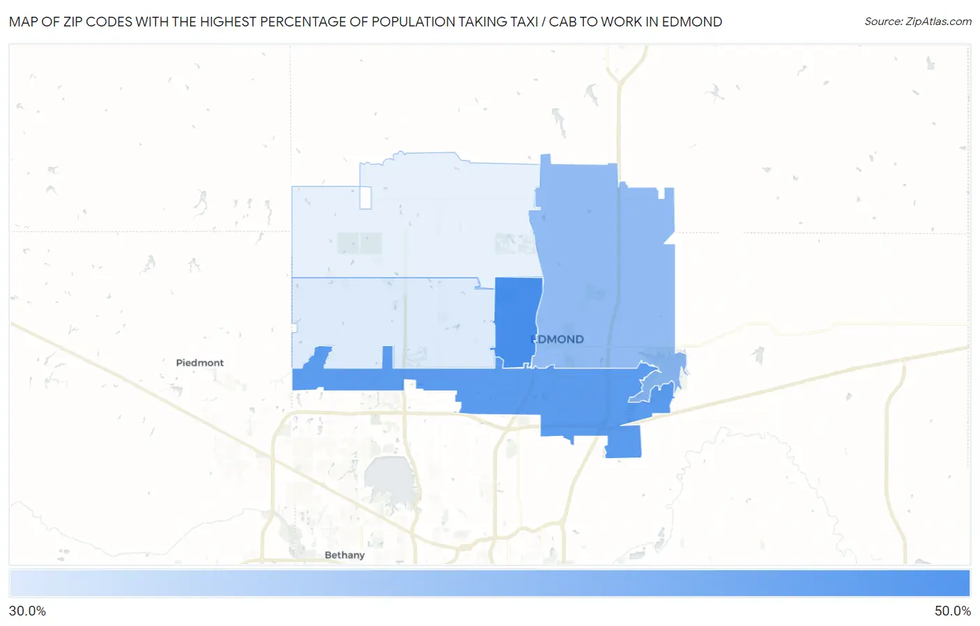 Zip Codes with the Highest Percentage of Population Taking Taxi / Cab to Work in Edmond Map