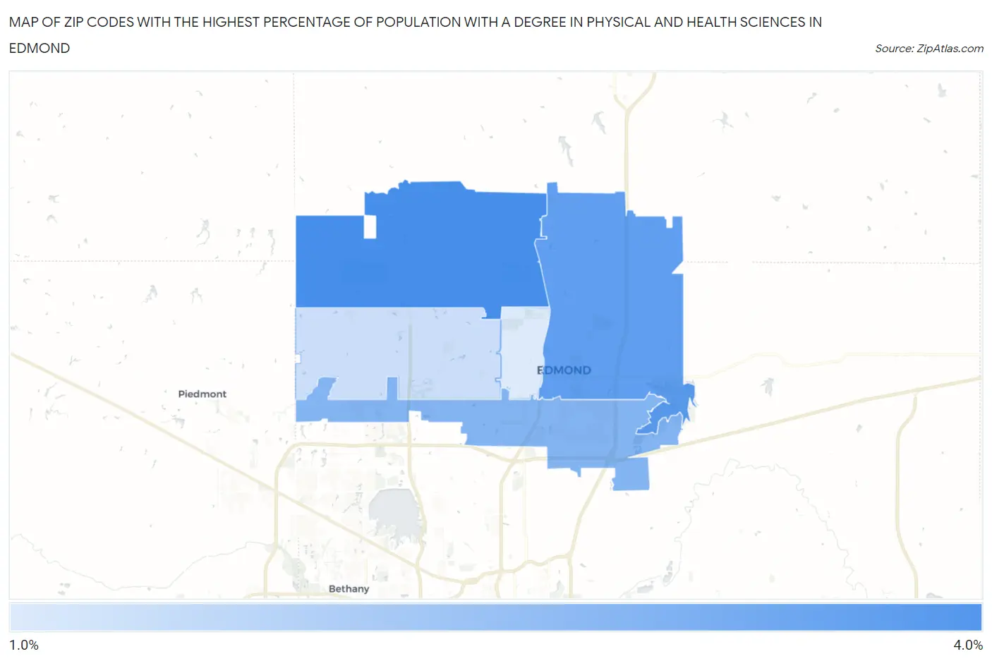 Zip Codes with the Highest Percentage of Population with a Degree in Physical and Health Sciences in Edmond Map