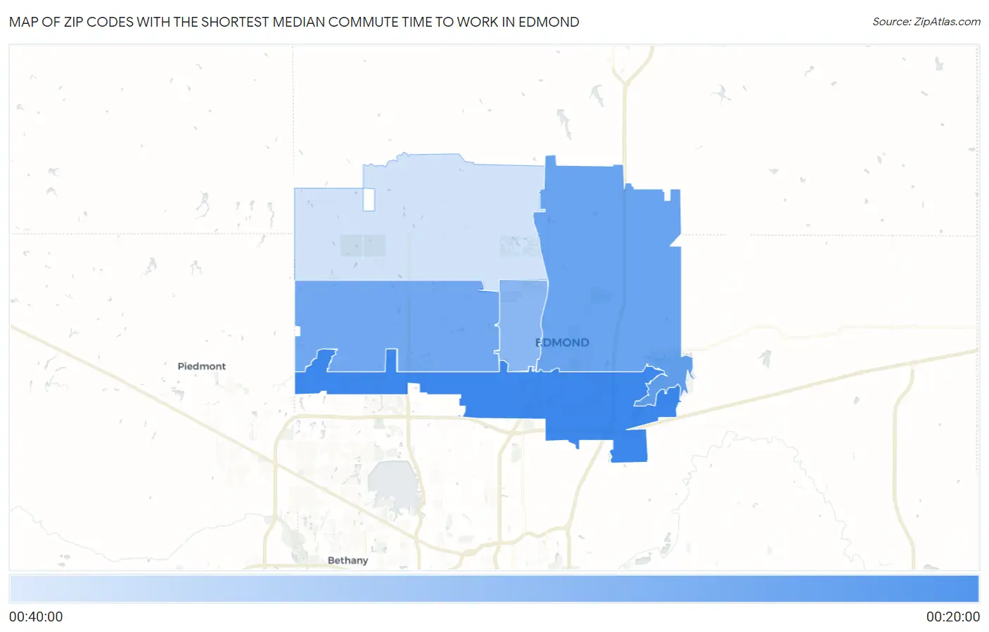 Zip Codes with the Shortest Median Commute Time to Work in Edmond Map
