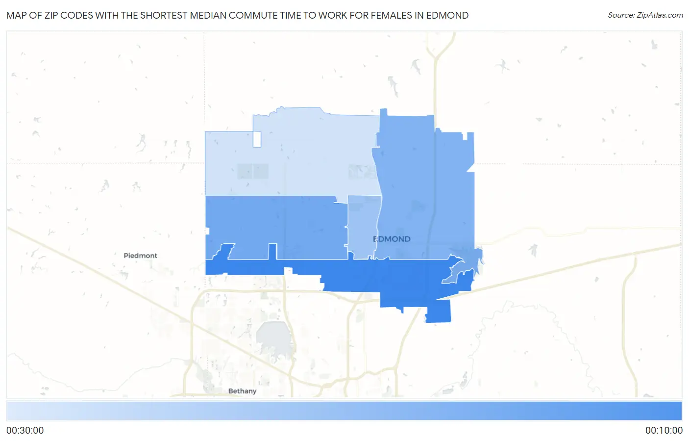 Zip Codes with the Shortest Median Commute Time to Work for Females in Edmond Map