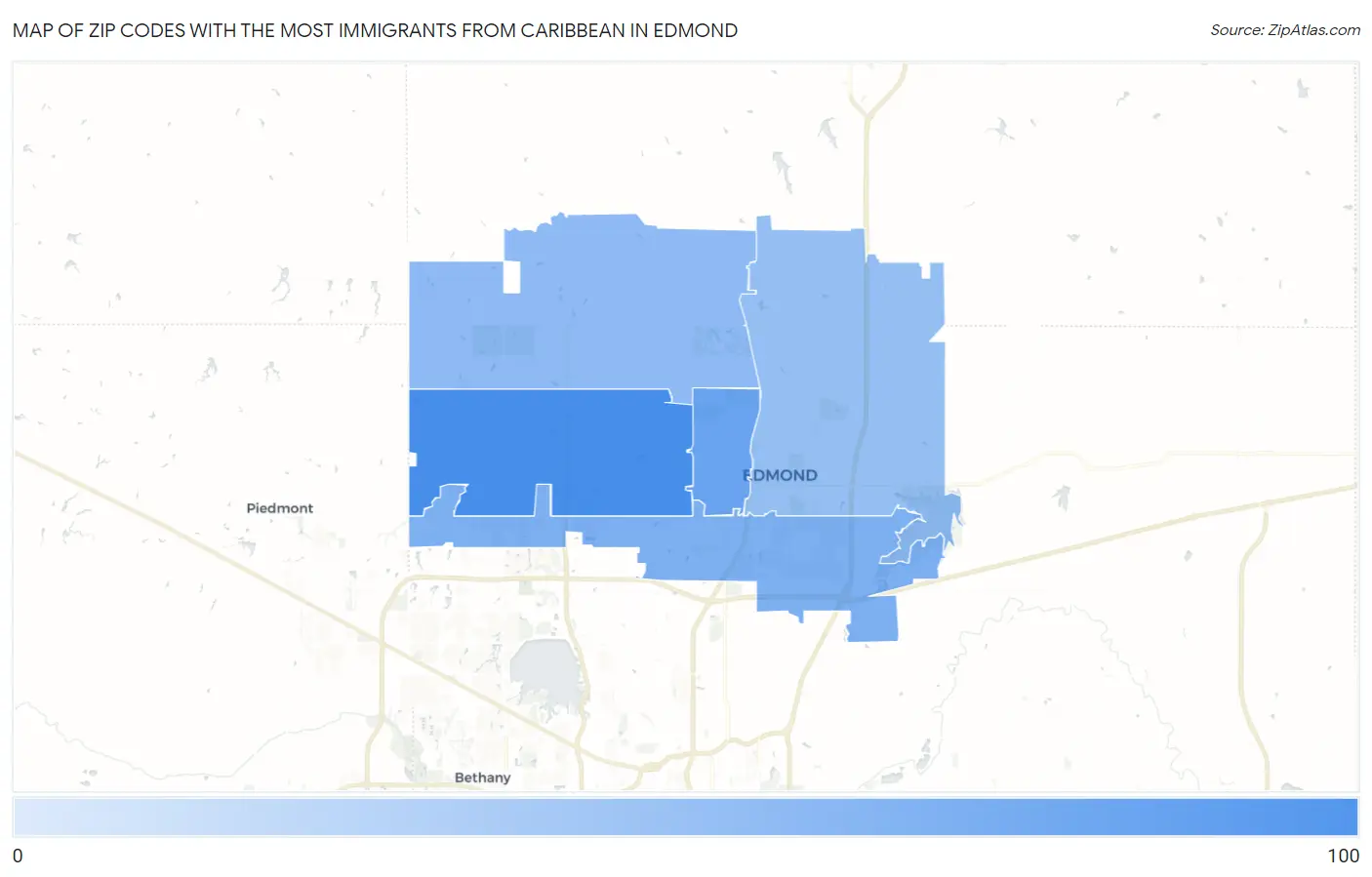 Zip Codes with the Most Immigrants from Caribbean in Edmond Map