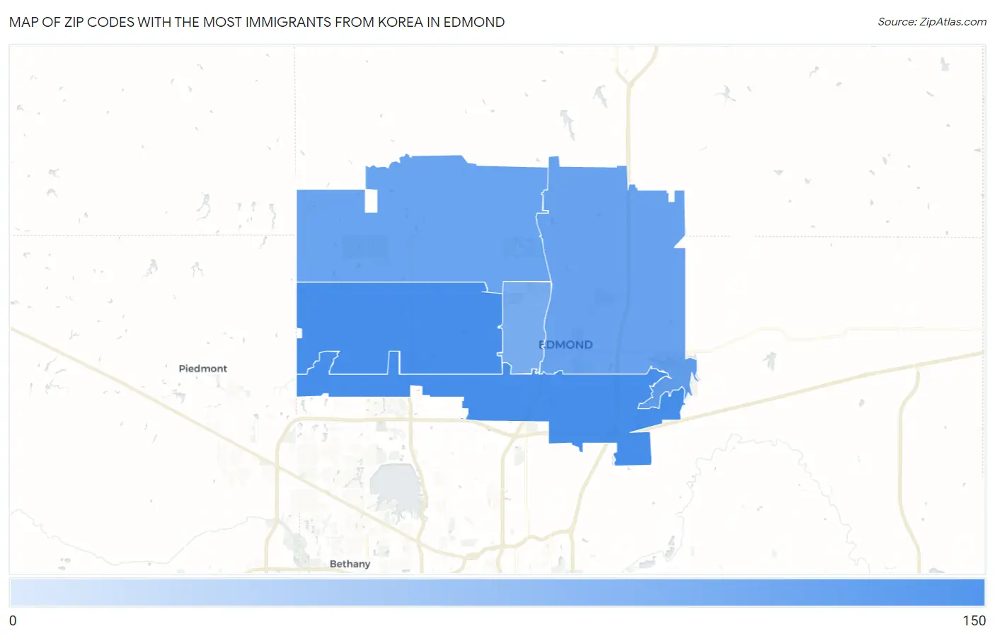 Zip Codes with the Most Immigrants from Korea in Edmond Map