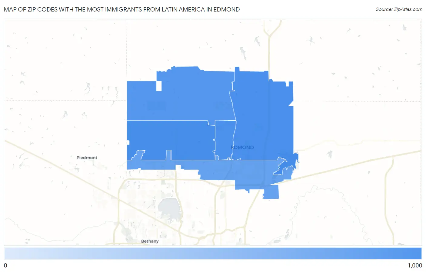 Zip Codes with the Most Immigrants from Latin America in Edmond Map