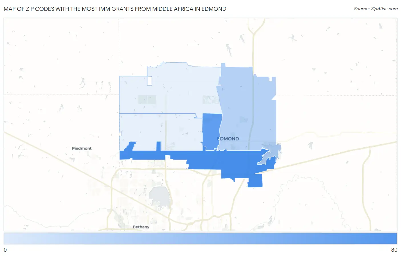 Zip Codes with the Most Immigrants from Middle Africa in Edmond Map