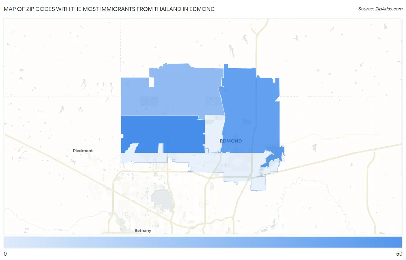 Zip Codes with the Most Immigrants from Thailand in Edmond Map