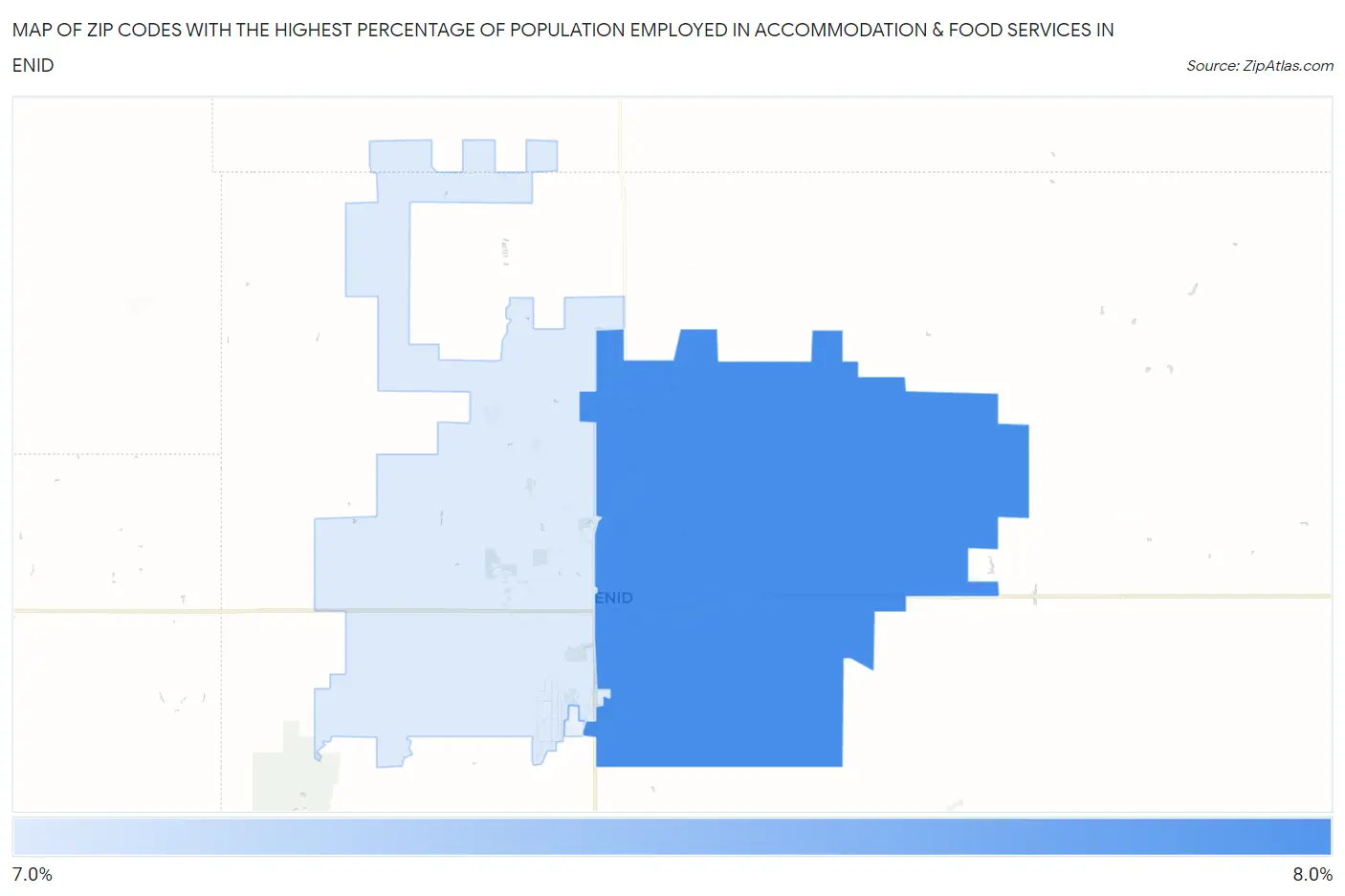 Zip Codes with the Highest Percentage of Population Employed in Accommodation & Food Services in Enid Map