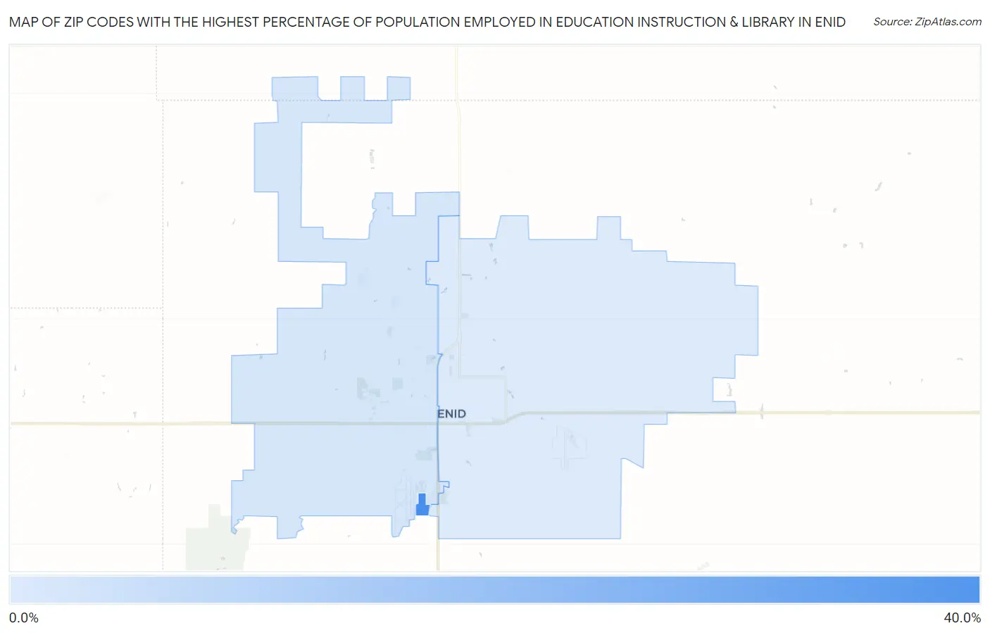 Zip Codes with the Highest Percentage of Population Employed in Education Instruction & Library in Enid Map