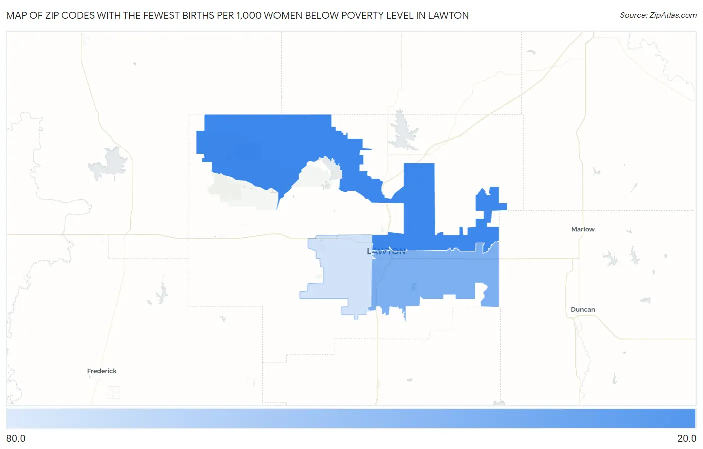 Zip Codes with the Fewest Births per 1,000 Women Below Poverty Level in Lawton Map