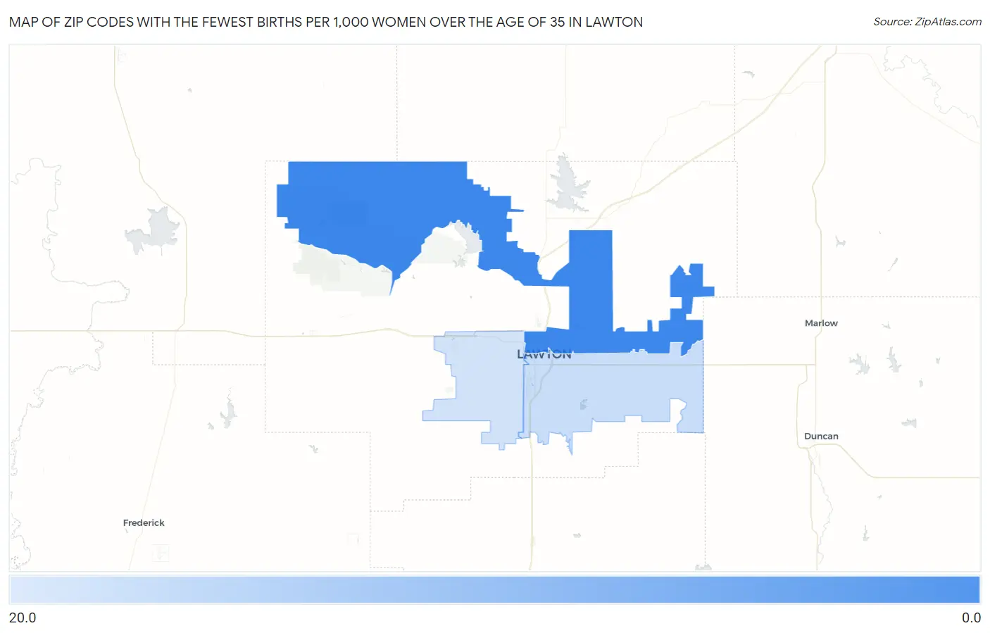 Zip Codes with the Fewest Births per 1,000 Women Over the Age of 35 in Lawton Map