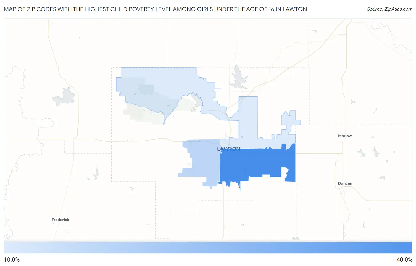 Zip Codes with the Highest Child Poverty Level Among Girls Under the Age of 16 in Lawton Map