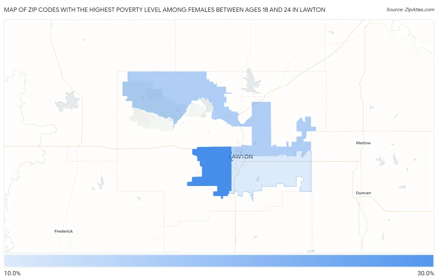 Zip Codes with the Highest Poverty Level Among Females Between Ages 18 and 24 in Lawton Map