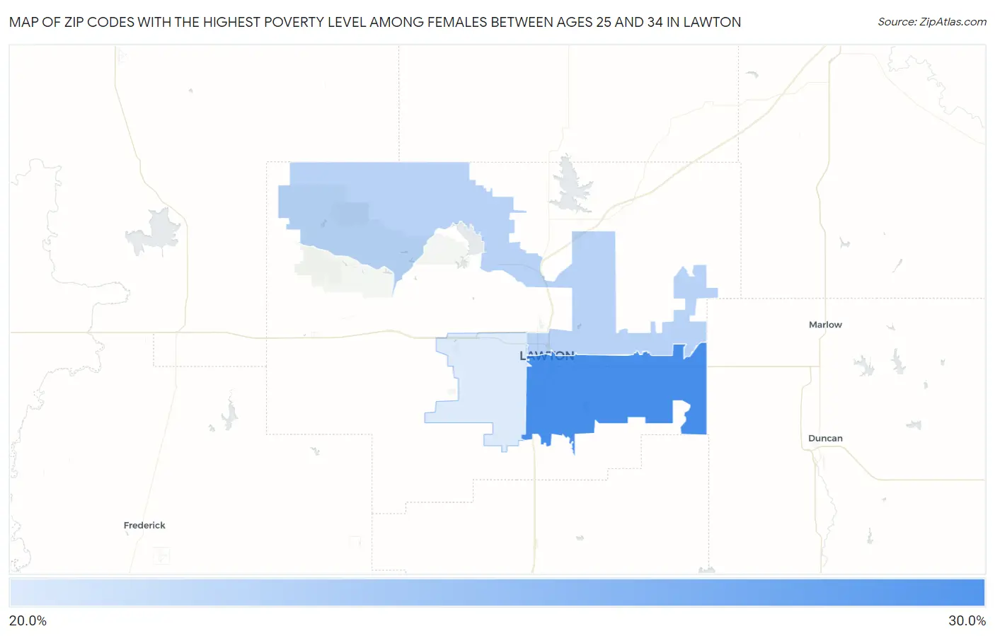 Zip Codes with the Highest Poverty Level Among Females Between Ages 25 and 34 in Lawton Map