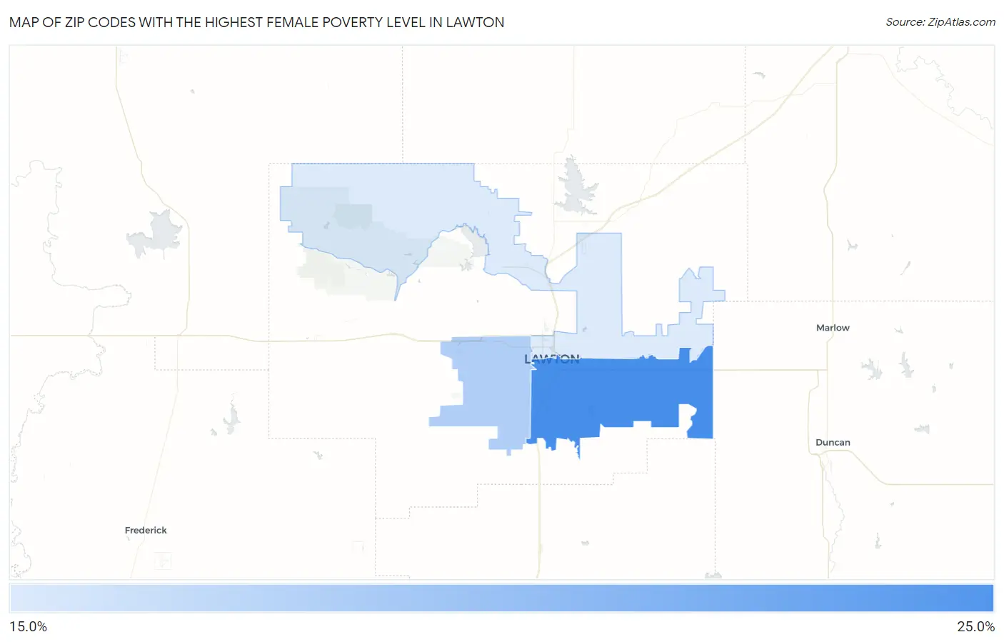 Zip Codes with the Highest Female Poverty Level in Lawton Map