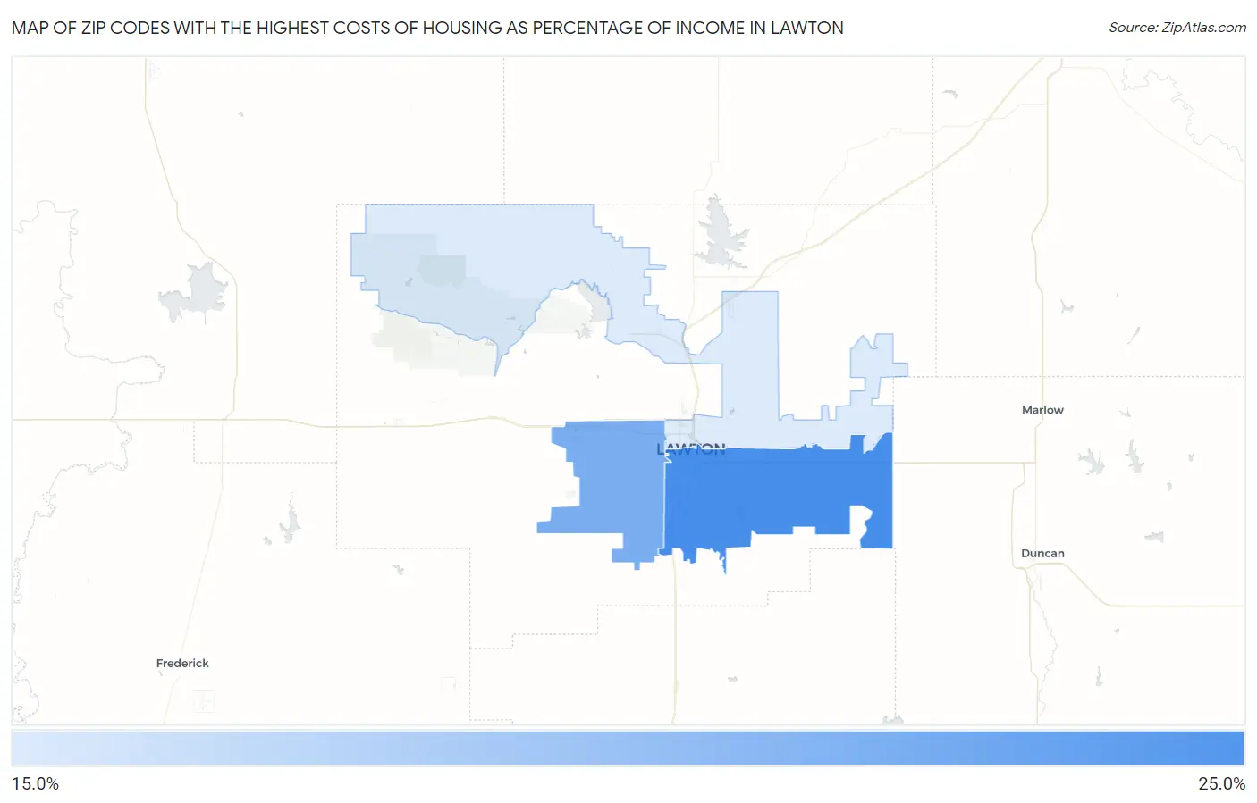 Zip Codes with the Highest Costs of Housing as Percentage of Income in Lawton Map
