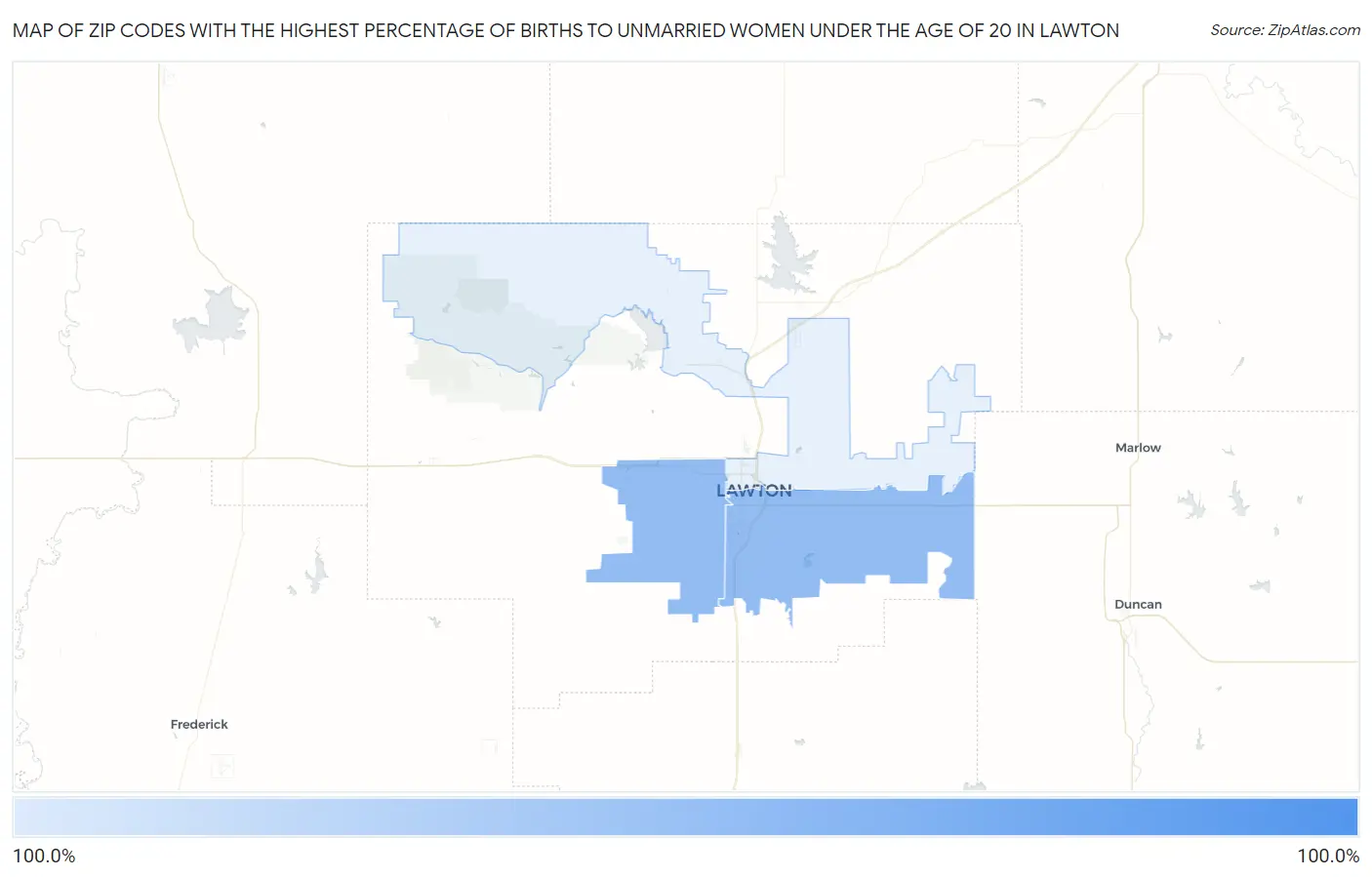 Zip Codes with the Highest Percentage of Births to Unmarried Women under the Age of 20 in Lawton Map