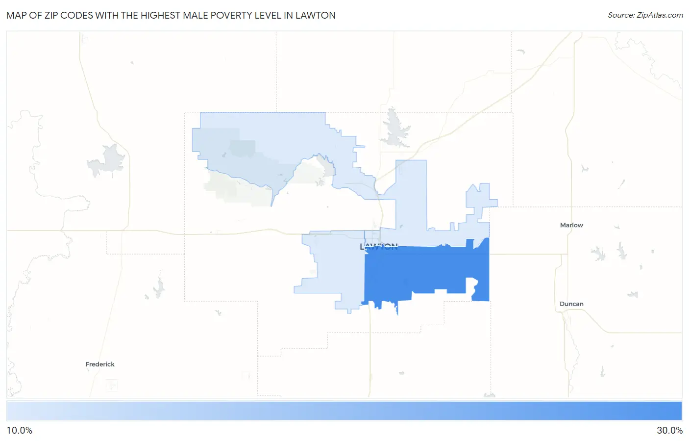 Zip Codes with the Highest Male Poverty Level in Lawton Map