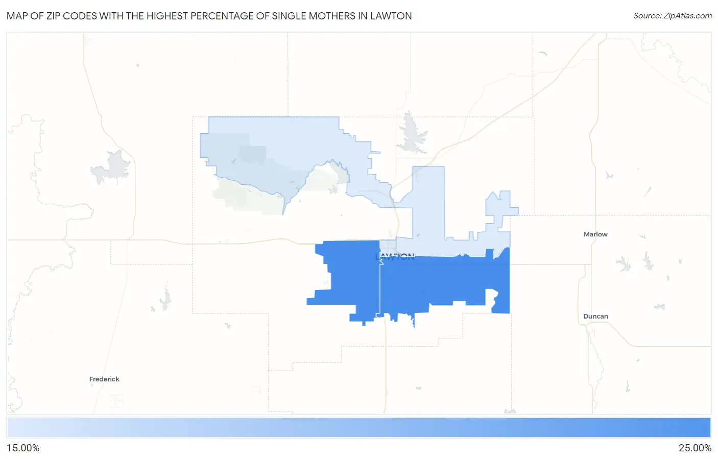 Zip Codes with the Highest Percentage of Single Mothers in Lawton Map