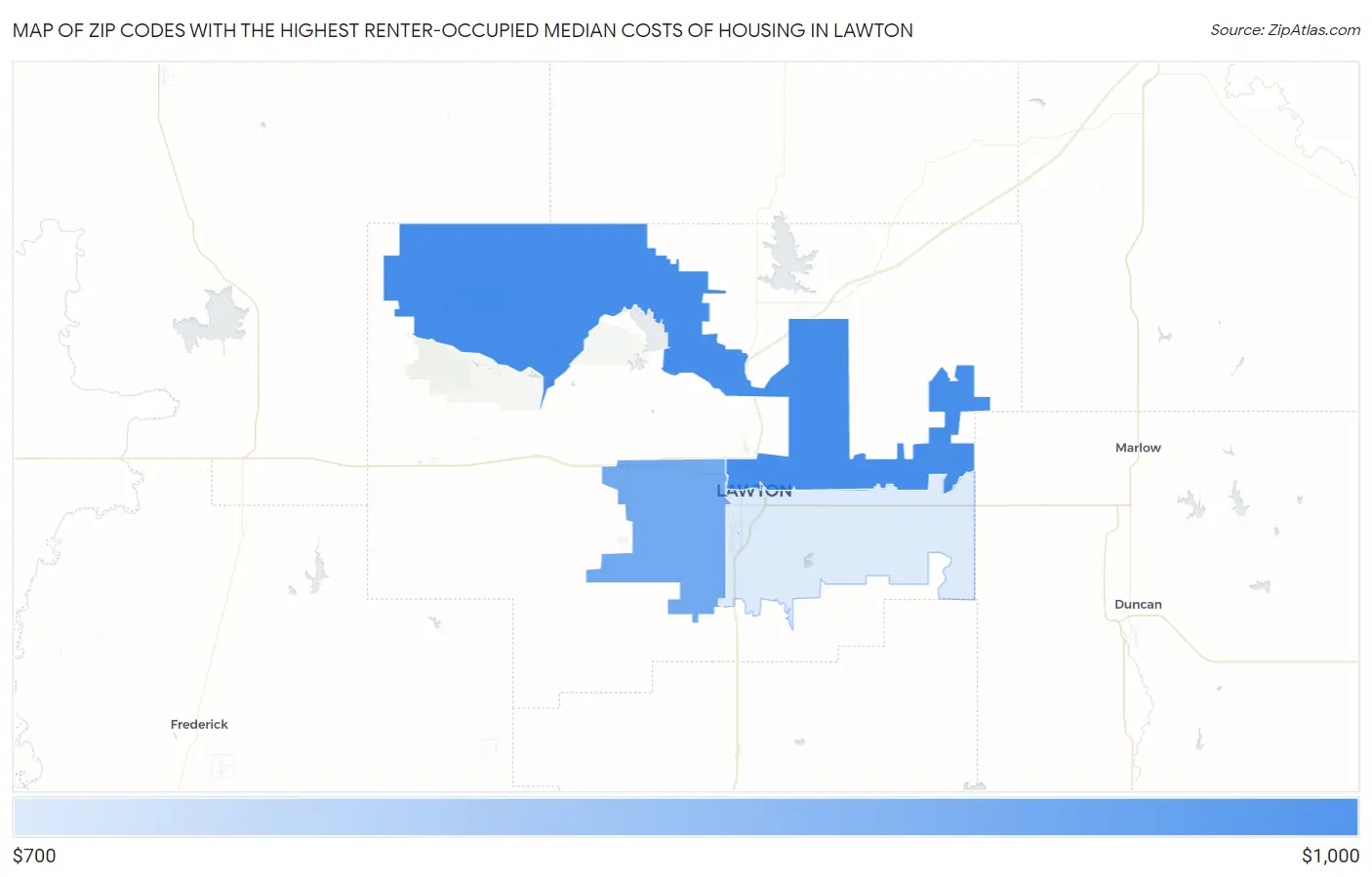 Zip Codes with the Highest Renter-Occupied Median Costs of Housing in Lawton Map