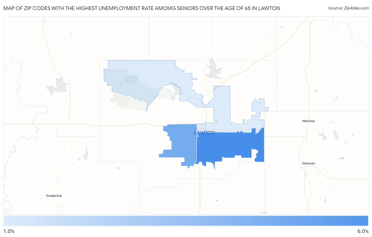 Zip Codes with the Highest Unemployment Rate Amomg Seniors Over the Age of 65 in Lawton Map