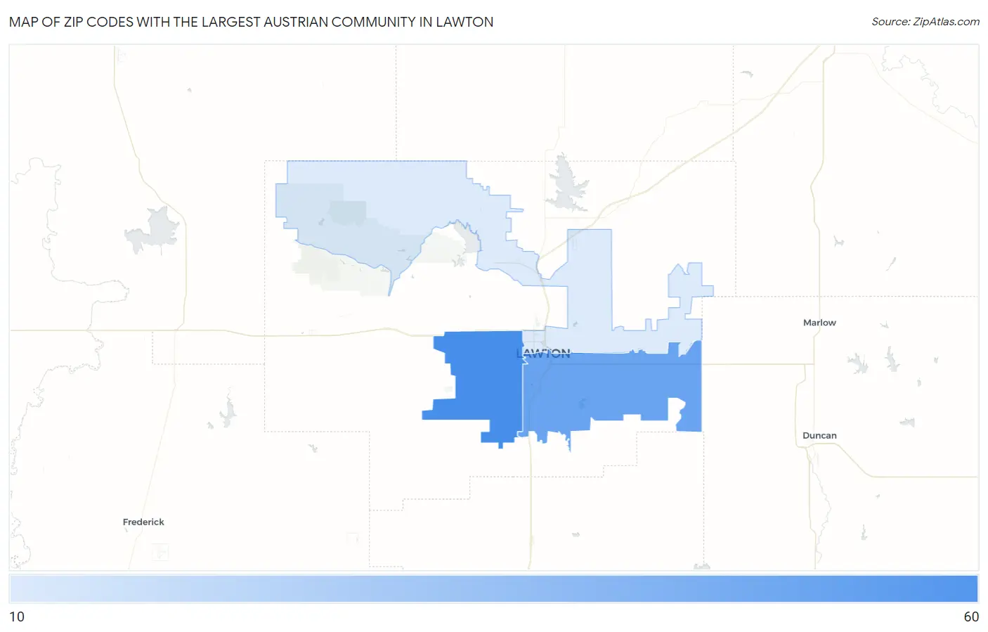 Zip Codes with the Largest Austrian Community in Lawton Map