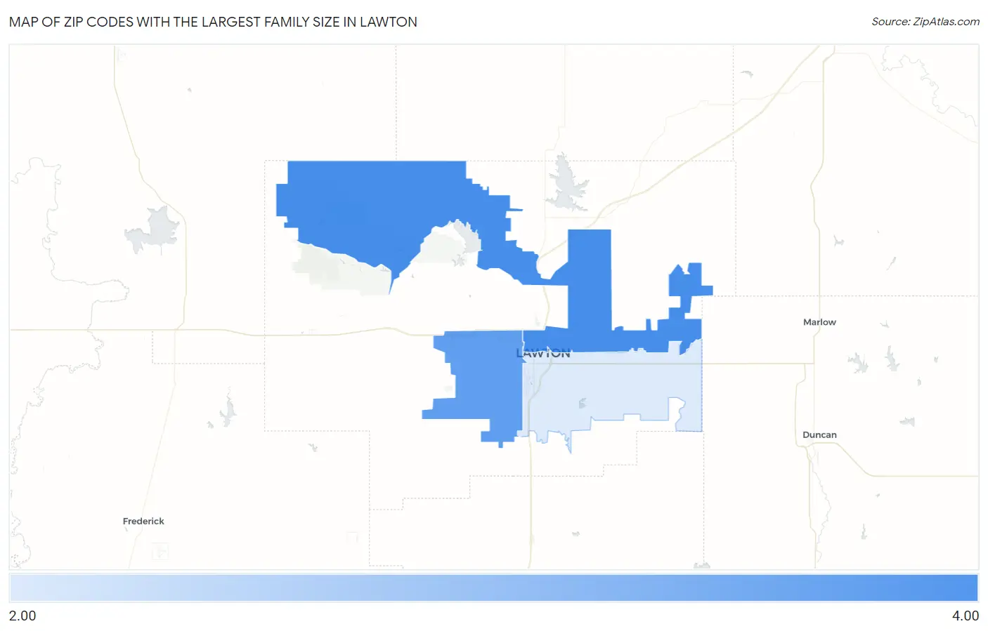 Zip Codes with the Largest Family Size in Lawton Map