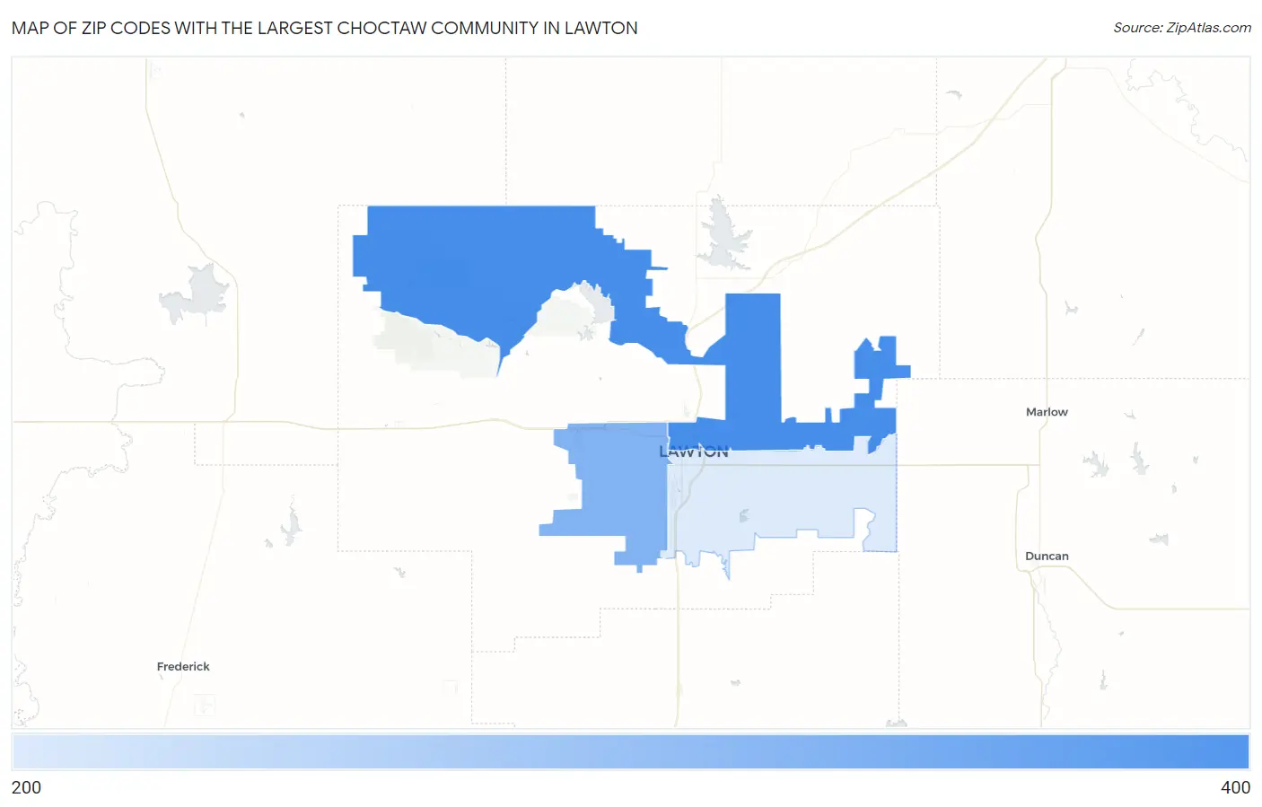 Zip Codes with the Largest Choctaw Community in Lawton Map
