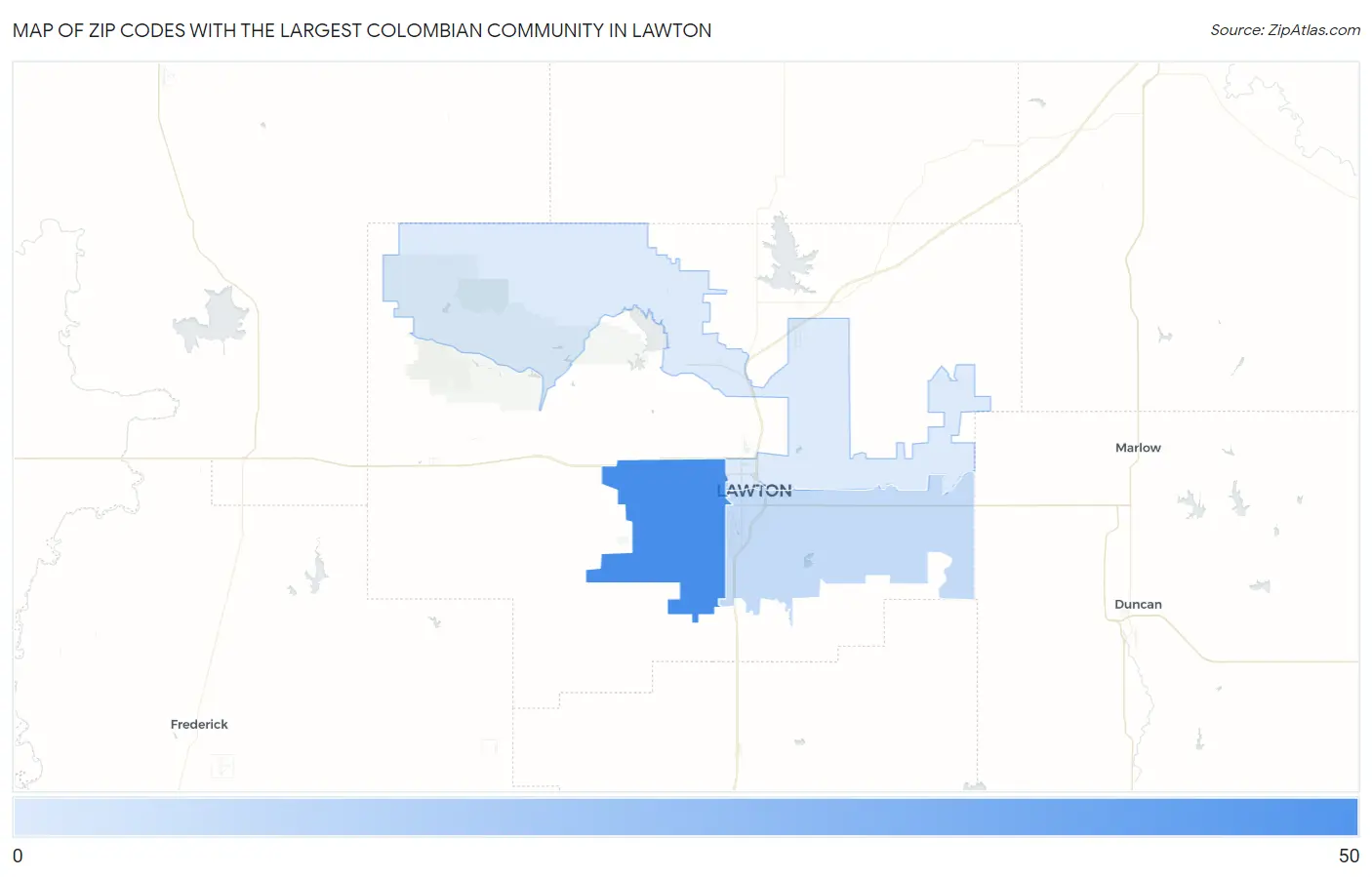 Zip Codes with the Largest Colombian Community in Lawton Map