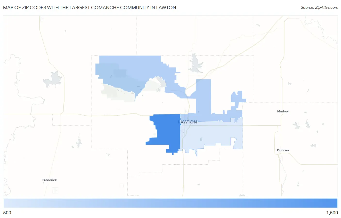 Zip Codes with the Largest Comanche Community in Lawton Map