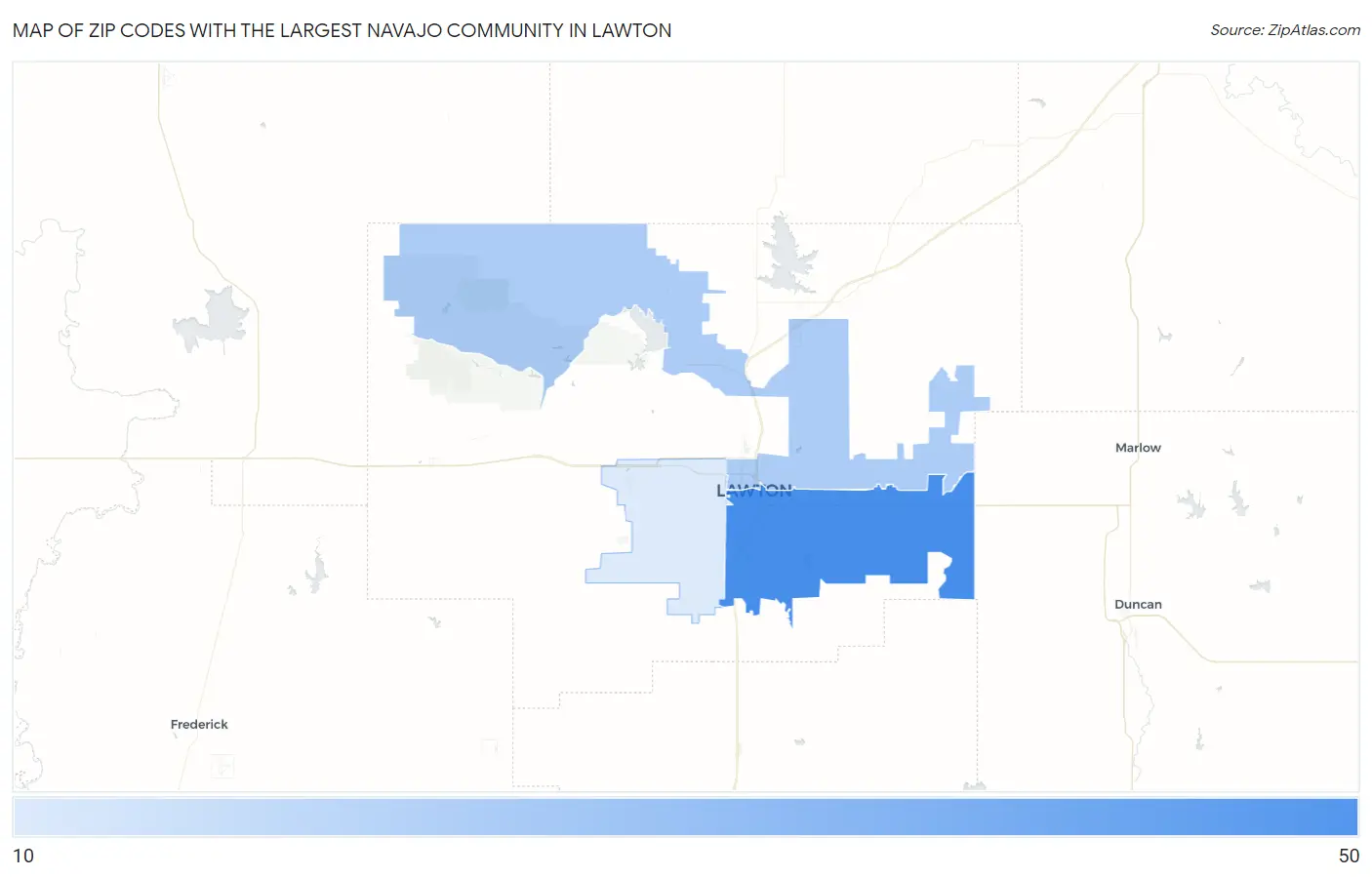Zip Codes with the Largest Navajo Community in Lawton Map
