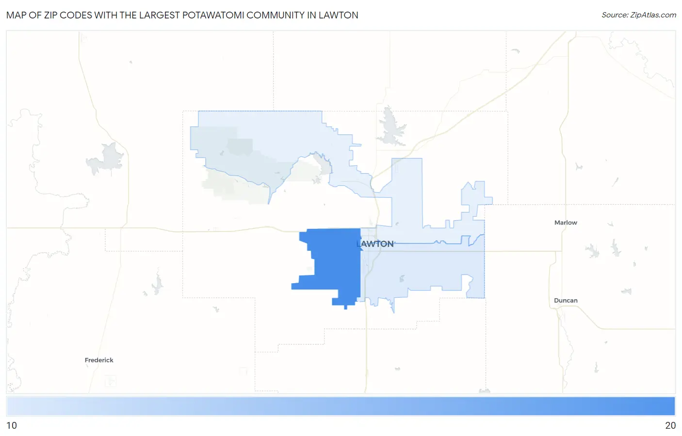 Zip Codes with the Largest Potawatomi Community in Lawton Map