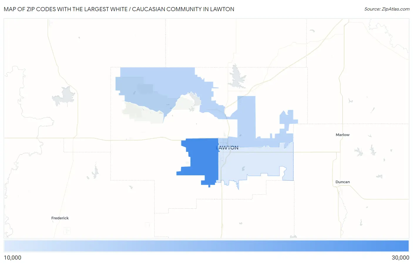 Zip Codes with the Largest White / Caucasian Community in Lawton Map