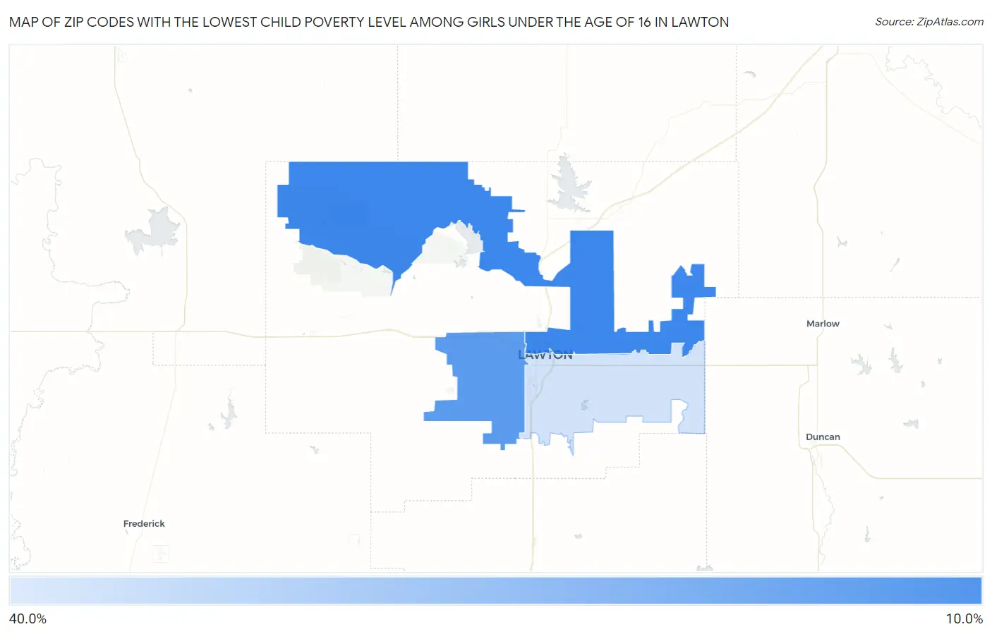 Zip Codes with the Lowest Child Poverty Level Among Girls Under the Age of 16 in Lawton Map