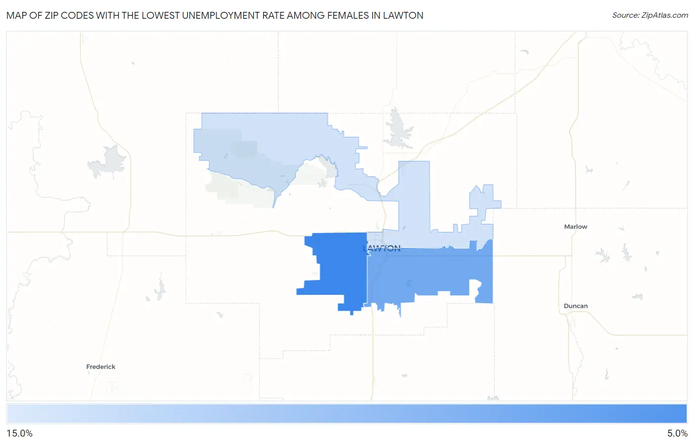 Zip Codes with the Lowest Unemployment Rate Among Females in Lawton Map