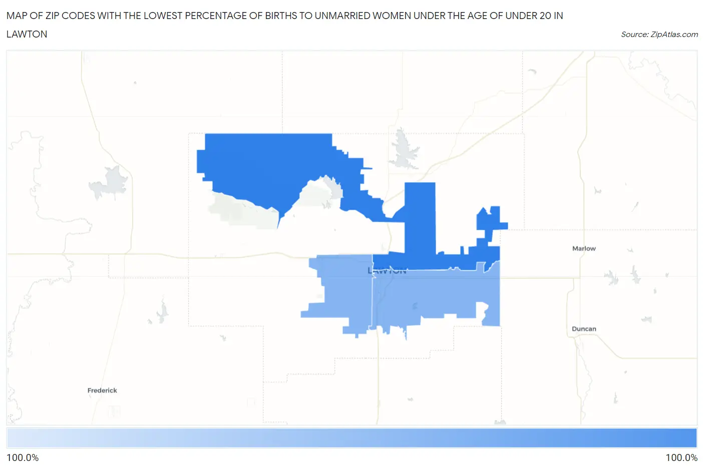Zip Codes with the Lowest Percentage of Births to Unmarried Women under the Age of under 20 in Lawton Map
