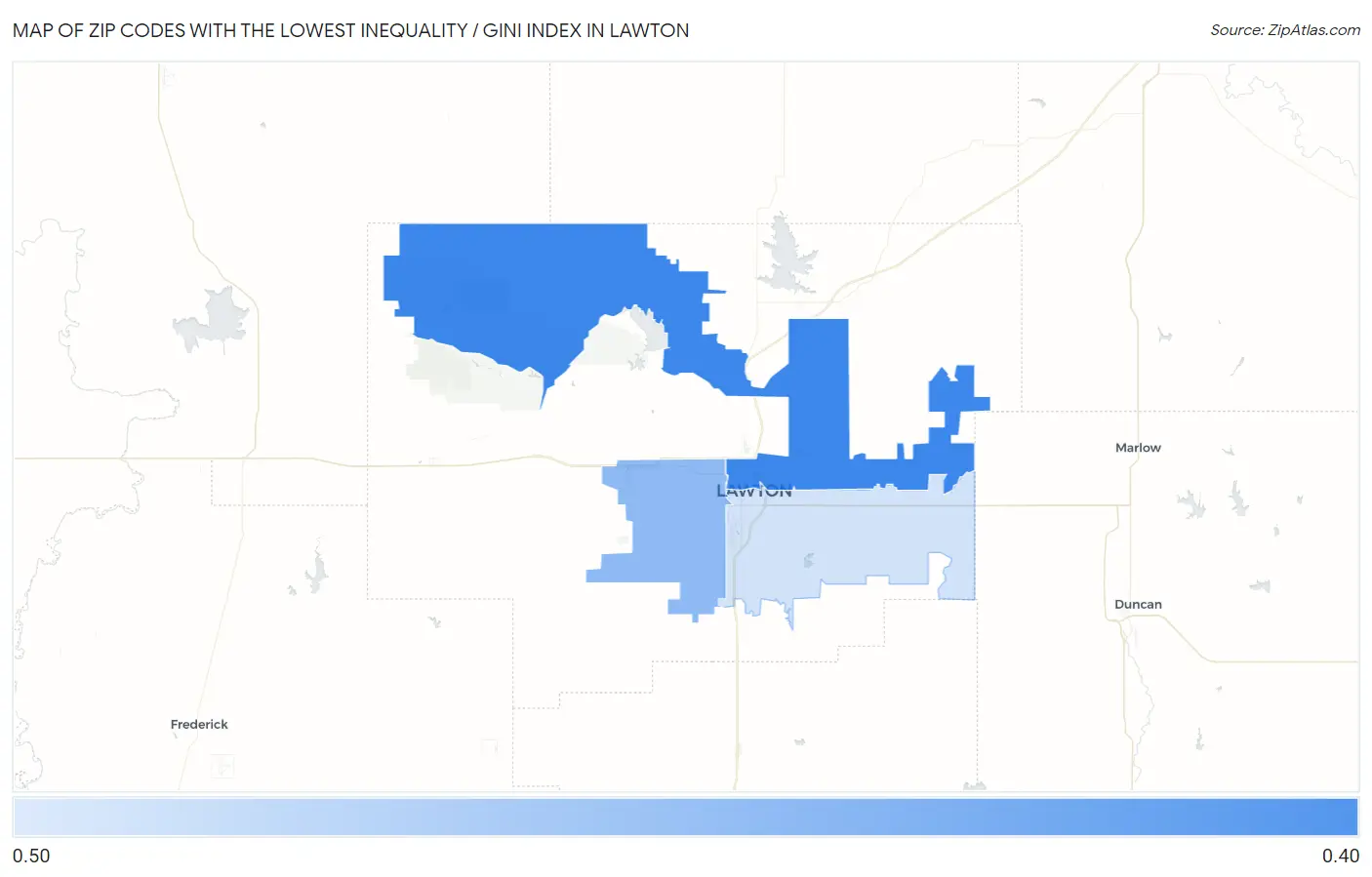 Zip Codes with the Lowest Inequality / Gini Index in Lawton Map