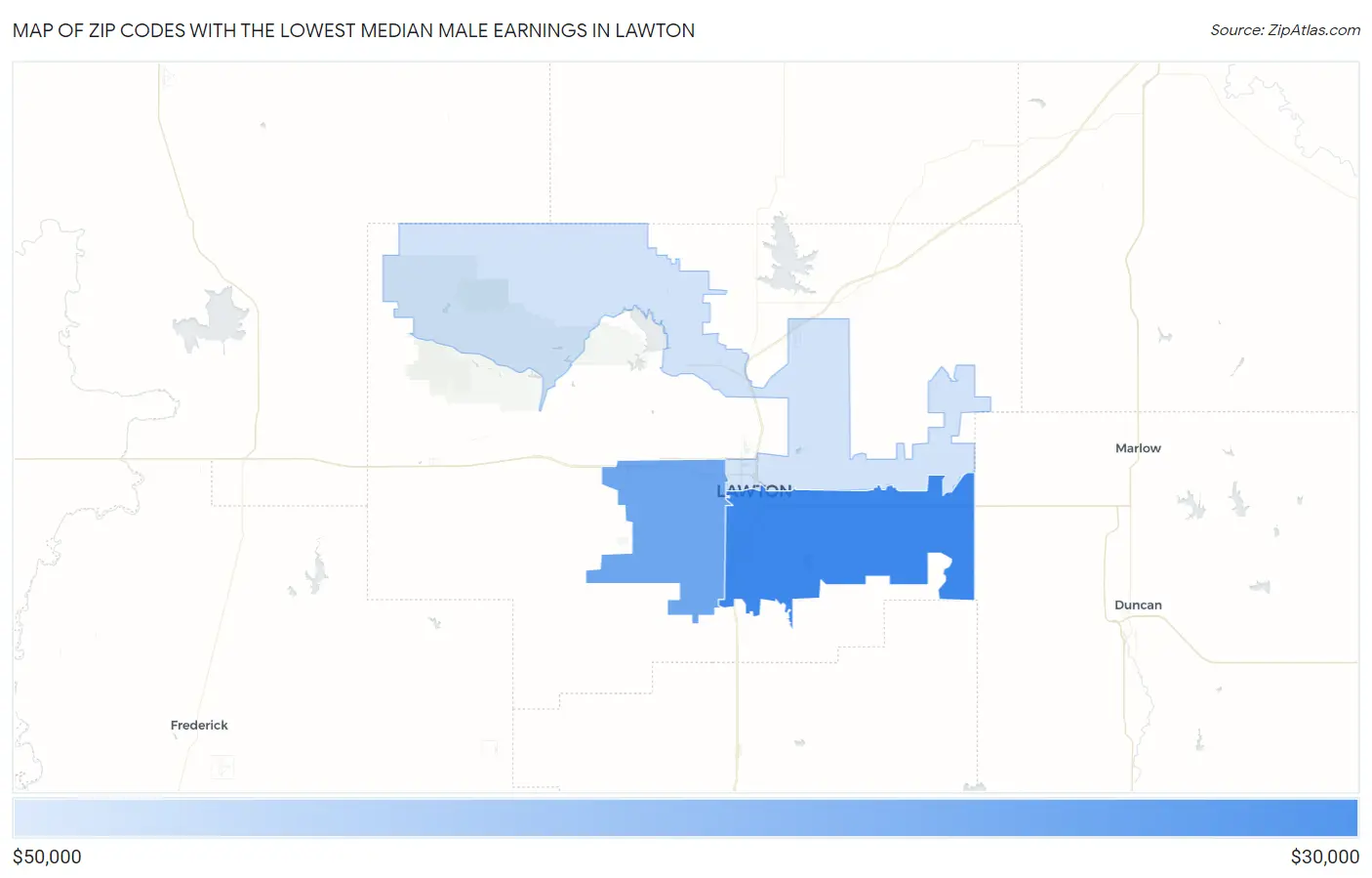 Zip Codes with the Lowest Median Male Earnings in Lawton Map