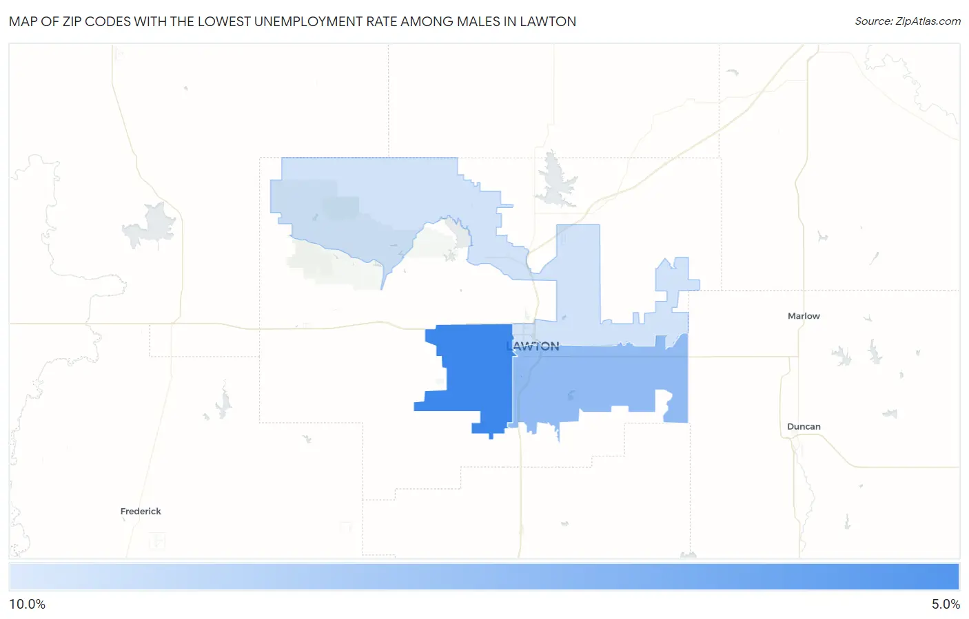 Zip Codes with the Lowest Unemployment Rate Among Males in Lawton Map