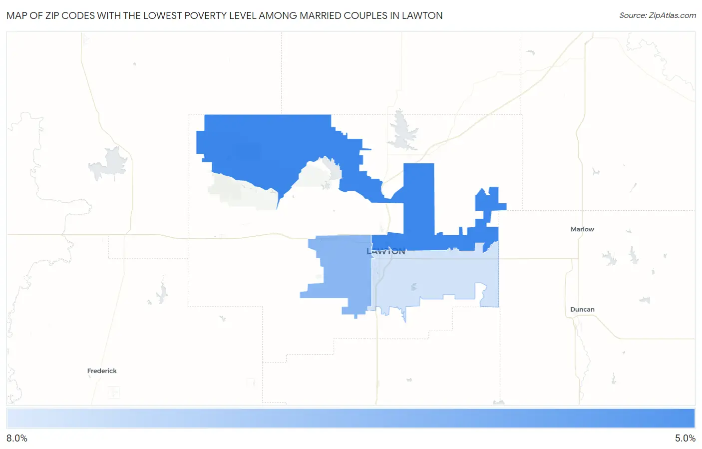 Zip Codes with the Lowest Poverty Level Among Married Couples in Lawton Map